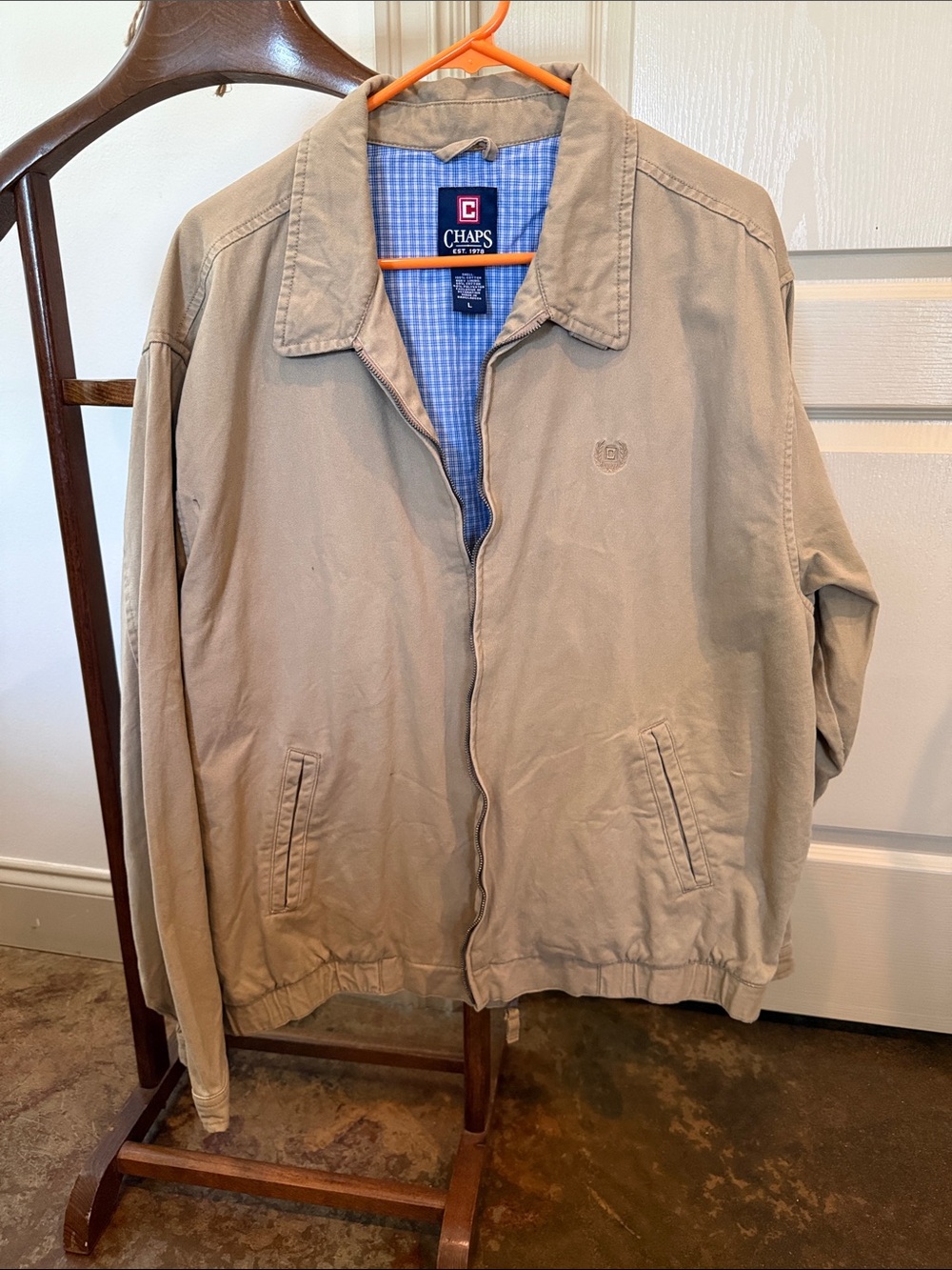 Chaps Men's Khaki Lightweight Cotton Jacket with Blue Check Lining